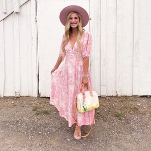 Free People puff sleeve pink and white rose print maxi dress